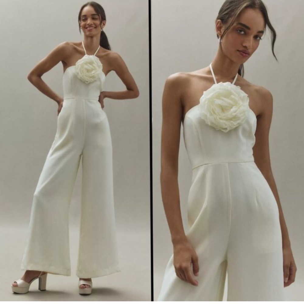 Mac Duggal Eventwear Ivory Crepe Halter Neck Wide Leg Flower Formal Jumpsuit